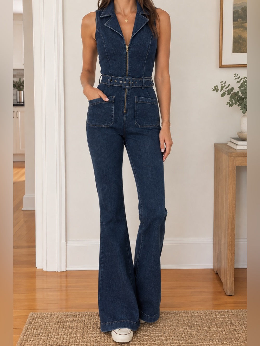 Show Me Your Mumu Dark Indigo Denim flare Jumpsuit with Belt